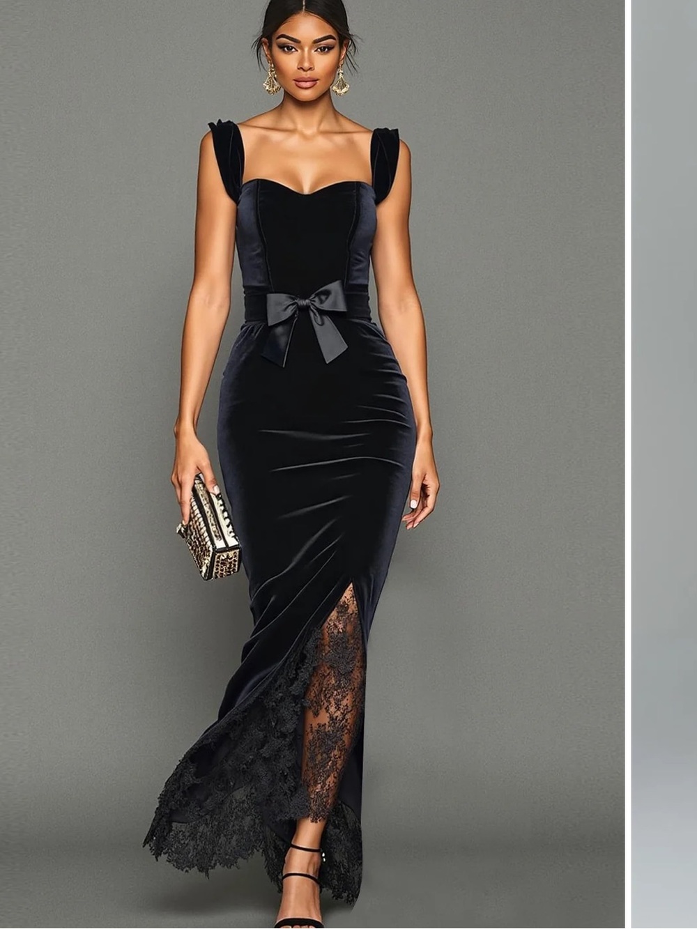 Elegant Black Velvet Lace-Trim Evening Dress with Waist Bow fehaute new